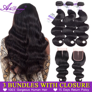 Brazilian Body Wave Bundles With Closure 3 Bundles Human Hair Bundles With Lace Closure Alidoremi Non Remy Hair Weave Bundles