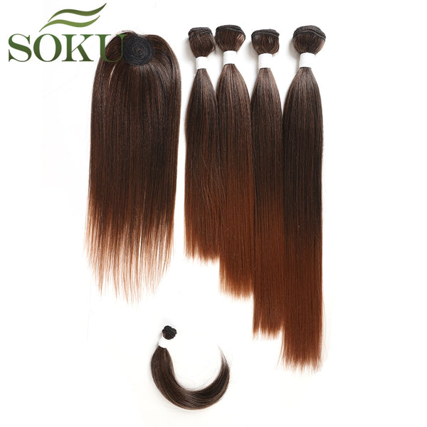 SOKU Synthetic Hair Bundles With Closure Bang 12-18inch Yaki Straight Hair Weaves For Full head Ombre Brown Hair Extension