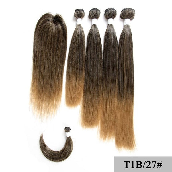 SOKU Synthetic Hair Bundles With Closure Bang 12-18inch Yaki Straight Hair Weaves For Full head Ombre Brown Hair Extension