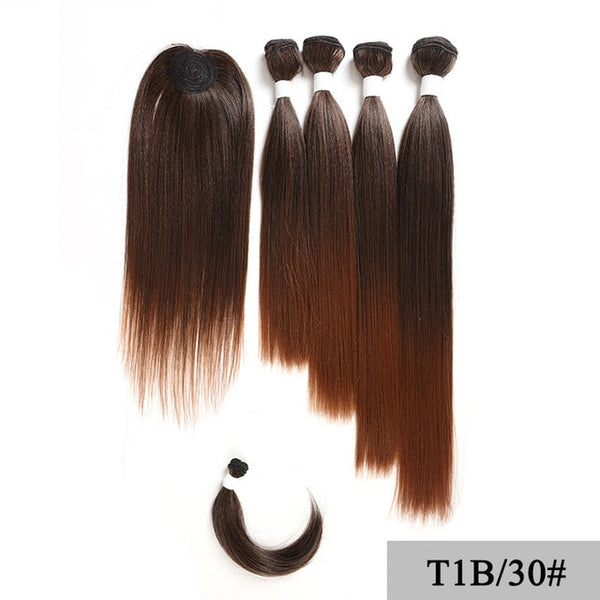 SOKU Synthetic Hair Bundles With Closure Bang 12-18inch Yaki Straight Hair Weaves For Full head Ombre Brown Hair Extension