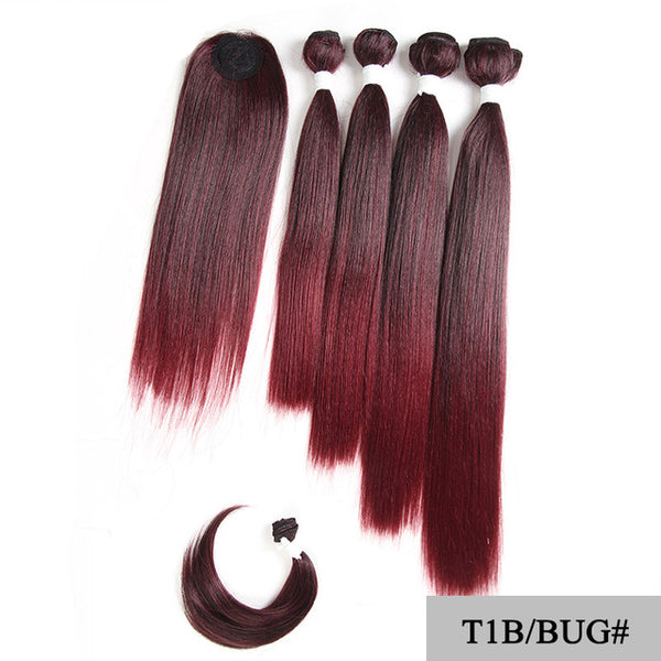 SOKU Synthetic Hair Bundles With Closure Bang 12-18inch Yaki Straight Hair Weaves For Full head Ombre Brown Hair Extension