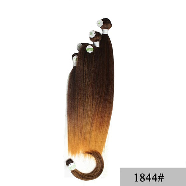 SOKU Synthetic Hair Bundles With Closure Bang 12-18inch Yaki Straight Hair Weaves For Full head Ombre Brown Hair Extension