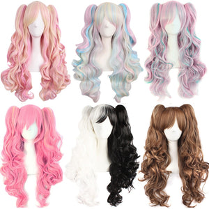 MapofBeauty long wavy cosplay wig 65cm purple pink ombre 12 colors two ponytails Synthetic hair Heat Resistant wigs for women