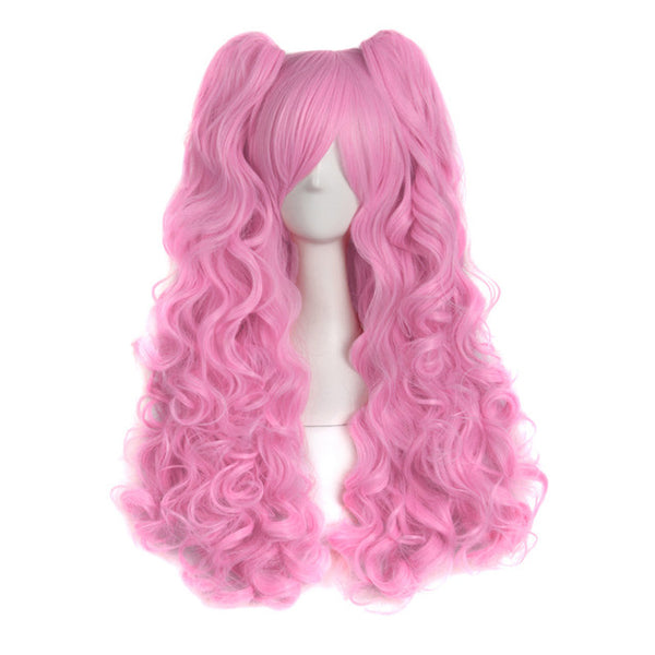 MapofBeauty 28" Long Wavy Cosplay Wigs Pink Black Brown Blue White 19 Color 2 Ponytails Shape Claw Heat Resistant Synthetic Hair