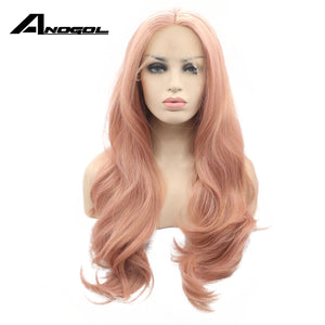 Anogol Pink Hair Wigs Long Body Wave Synthetic Lace Front Wig For Women Napnk Peruca Cabelo High Temperature Fiber Free Part