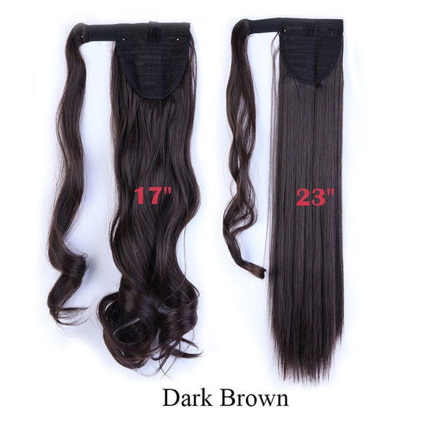 SNOILITE 17''23'' Long Wavy Ponytails Clip In Synthetic Pony Tail Fake Hair Extension wrap round black blond hairpiece for women