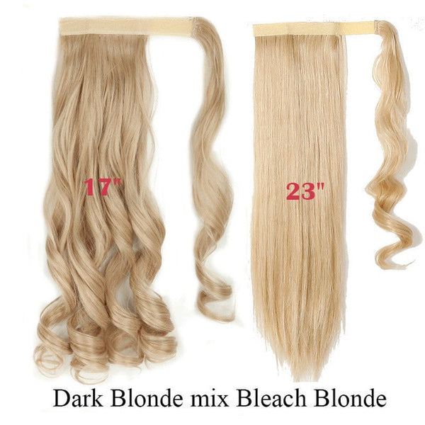 SNOILITE 17''23'' Long Wavy Ponytails Clip In Synthetic Pony Tail Fake Hair Extension wrap round black blond hairpiece for women