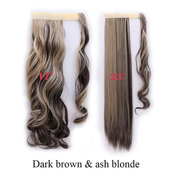 SNOILITE 17''23'' Long Wavy Ponytails Clip In Synthetic Pony Tail Fake Hair Extension wrap round black blond hairpiece for women