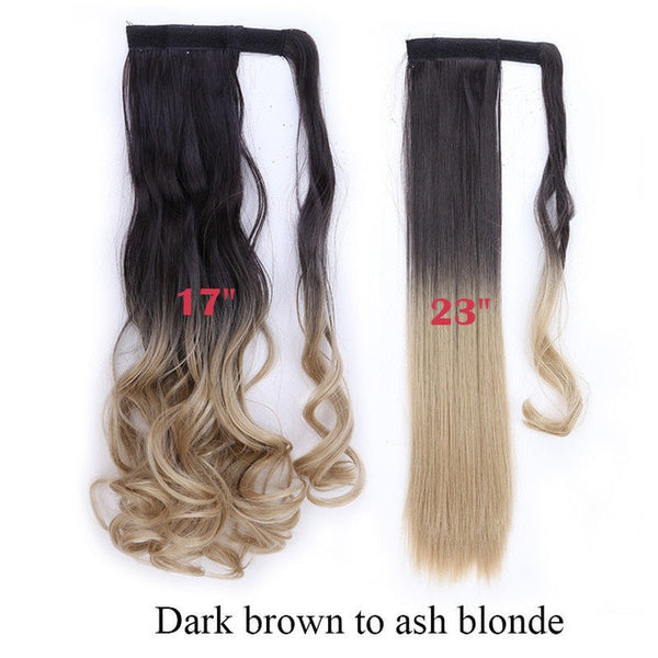 SNOILITE 17''23'' Long Wavy Ponytails Clip In Synthetic Pony Tail Fake Hair Extension wrap round black blond hairpiece for women