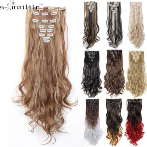 SNOILITE 24inch 8pcs/set Wavy 18 Clips in False Hair Styling Synthetic Hair Extensions Hairpiece Extension hair for Human