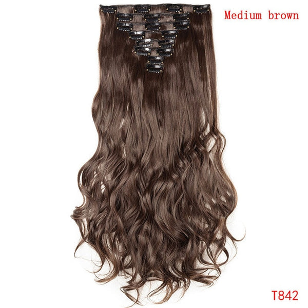 SNOILITE 24inch 8pcs/set Wavy 18 Clips in False Hair Styling Synthetic Hair Extensions Hairpiece Extension hair for Human