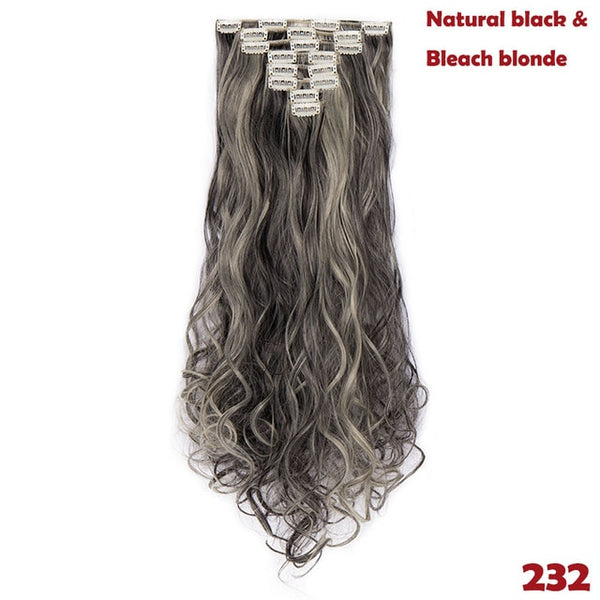 SNOILITE 24inch 8pcs/set Wavy 18 Clips in False Hair Styling Synthetic Hair Extensions Hairpiece Extension hair for Human