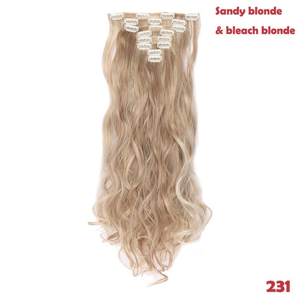 SNOILITE 24inch 8pcs/set Wavy 18 Clips in False Hair Styling Synthetic Hair Extensions Hairpiece Extension hair for Human