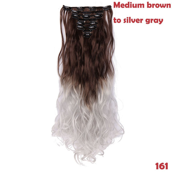 SNOILITE 24inch 8pcs/set Wavy 18 Clips in False Hair Styling Synthetic Hair Extensions Hairpiece Extension hair for Human