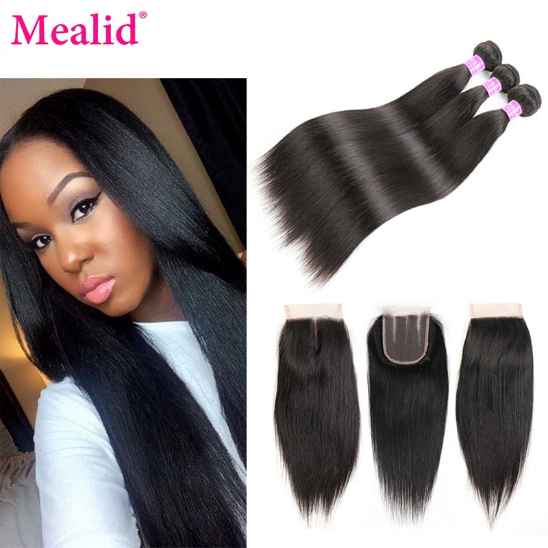 Mealid Brazilian Hair Weave Bundles Straight Hair Bundles With Closure 1B Nonremy 3 4 Human Hair Bundles With Closure