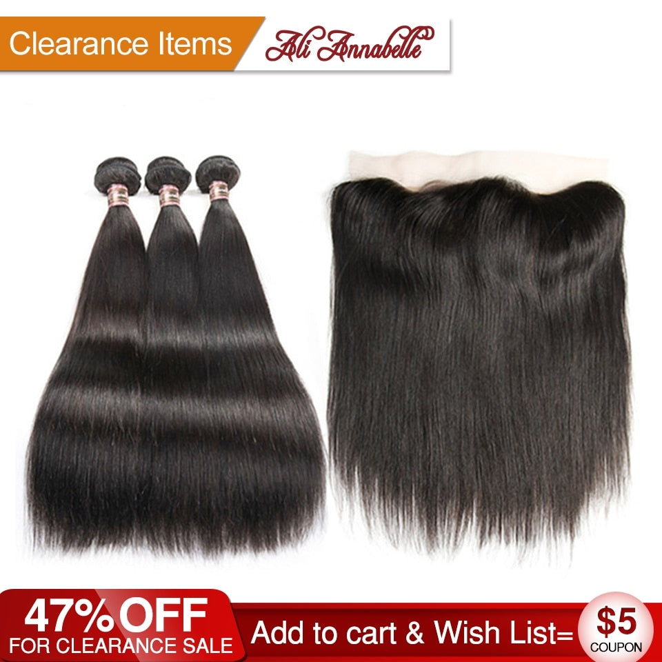 ALI ANNABELLE HAIR Straight Brazilian Human Hair Bundles With Lace Frontal Free Middle Part Remy 3 Bundles with Lace Closure