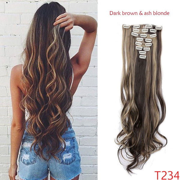 SNOILITE 24inch 8Pcs/Set 18 Clips Full Head Ombre curly clip in human hair extension Synthetic Fiber Hairpieces Clip In hair