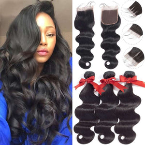 BEAUDIVA Brazilian Hair Body Wave 3 Bundles With Closure Human Hair Bundles With Closure Lace Closure Human Hair Extension