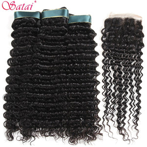 Satai Deep Wave 3 Bundles With Closure 100% Human Hair Bundles With Closure Brazilian Hair Weave Bundles Non Remy Hair Extension