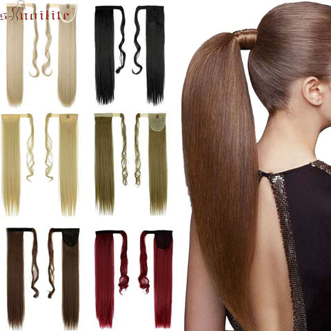 S-noilite 26"  Long  Drawstring Ponytail Straight Hair Extension Clip Ins For Women Remy Wrap Around Ponytail Blonde Red  Gray