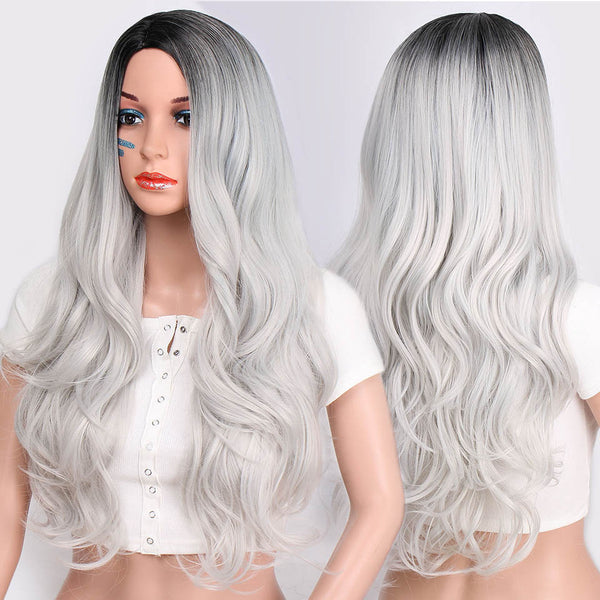 Doris beauty Synthetic Long Wavy Ombre Gray Wig for Woman Cosplay Wig Brown Red Black Blonde Heat Resistant Fiber