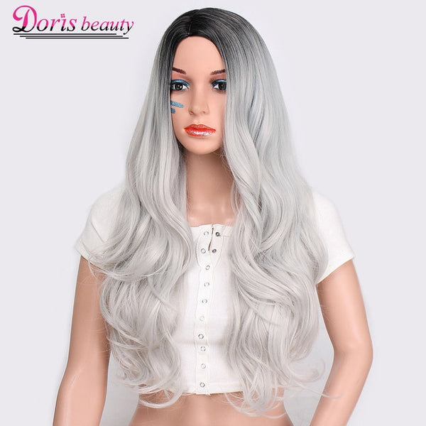 Doris beauty Synthetic Long Wavy Ombre Gray Wig for Woman Cosplay Wig Brown Red Black Blonde Heat Resistant Fiber