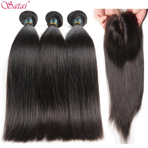 Satai Straight Hair Bundles With Closure Human Hair Bundles With Closure Brazilian Hair Weave Bundles Non Remy Hair Extension