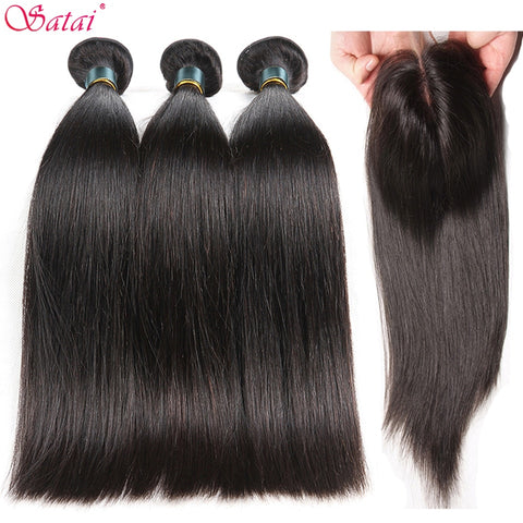 Satai Straight Hair Bundles With Closure Human Hair Bundles With Closure Brazilian Hair Weave Bundles Non Remy Hair Extension