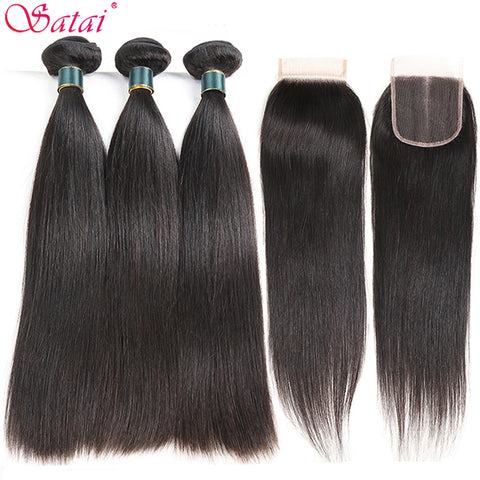 Satai Hair Extension Straight Hair Bundles with Closure 100% Non Remy Human Hair Bundles With Closure Peruvian Hair Bundles