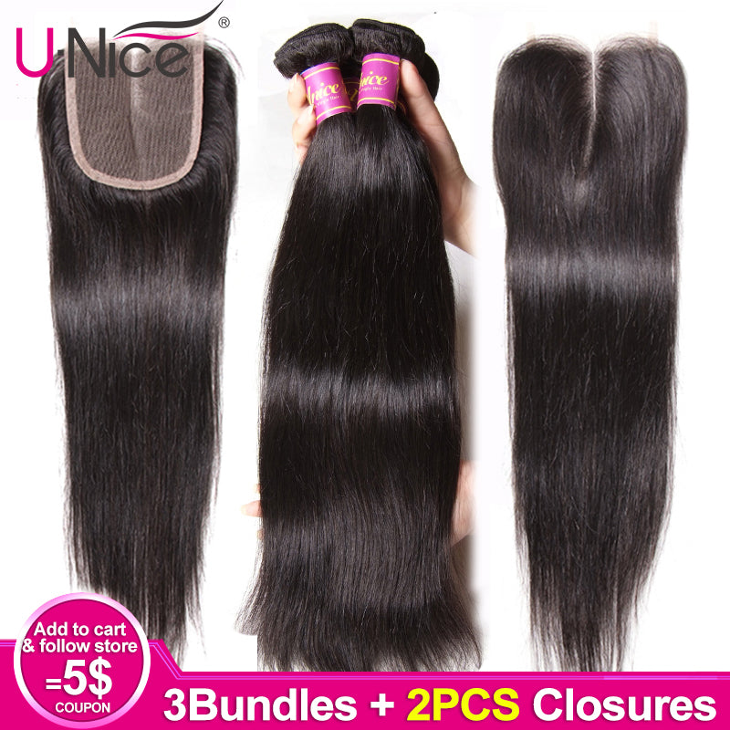 Unice Hair Malaysian Straight Hair 3 Bundles With 2 Pcs Closure 4*4 Remy Hair Extension Human Hair 3 Bundles With Closures 8-30