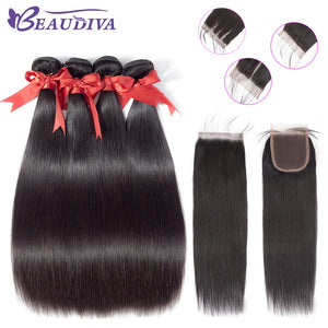 Beaudiva Brazilian Straight Human Hair Bundles With Closure Natural Color 3 Bundles With Lace Closure Non Remy Hair Weave