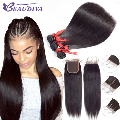 Beaudiva Brazilian Hair weave Straight Human Hair 2/3 Bundles With Closure 100% Human Hair Bundles With Closure Hair Extension