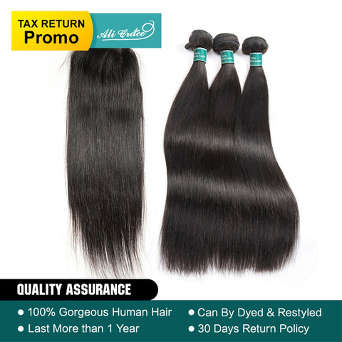 Ali Grace Hair Brazilian Straight Hair 3 Bundles With Closure 100% Remy Human Hair Bundles With Closure 4*4 Middle Free 2 Option