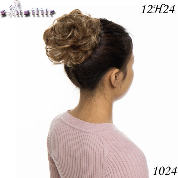 S-noilite Bun Curly Updo Cover Donut Chignon Synthetic Hair Women Drawstring Ponytail  Hairpieces Black Brown Blonde