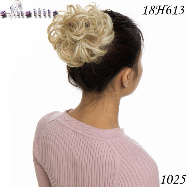 S-noilite Bun Curly Updo Cover Donut Chignon Synthetic Hair Women Drawstring Ponytail  Hairpieces Black Brown Blonde