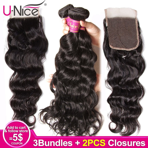 Unice Hair Brazilian Natural Wave 3 Bundles Hair Extension With 2 PCS Lace Closure Remy Extension  100% Human Hair With Closure