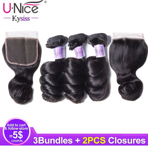 Unice Hair Kysiss Series Malaysian Loose Wave Bundles With Closure 16-26"Human Hair Weave 3 Bundles With 2 Closure Vrigin Hair