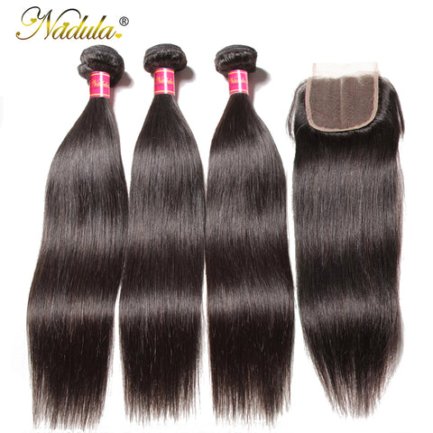 Nadula Hair 3 Bundles Brazilian Straight Hair With Closure 4*4 Lace Closure With Human Hair Weaves Natural Black Color Remy Hair