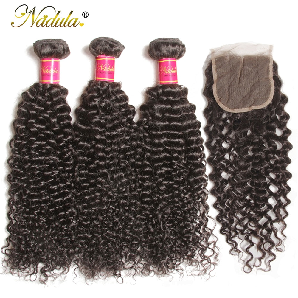 Nadula Hair Brazilian Curly Bundles With 4*4 Lace Closure Virgin Hair Bundles With Closure Natural Color Virgin Human Hair Weave