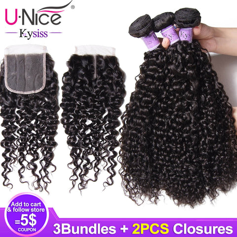 Unice Hair 8A Kysiss Series Vrigin Kinky Curly Hair 3 Bundles with 2Closure Brazilian Vrigin Hair Bundles with Closure Body Hair