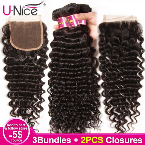 Unice Hair Deep Wave 100% Human Hair 3 Bundles With 2 PCS Closure 12-26 Inch Brazilian Remy Hair Weave Bundles With Lace Closure