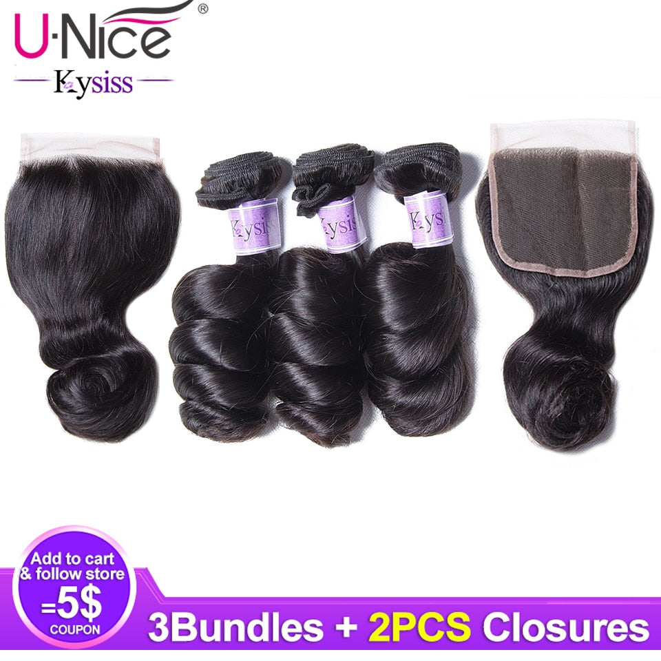 Unice Hair Kysiss Series Peruvian Virgin Hair Loose Wave 3 Bundles with 2 Closure 100% Human Hair 4*4 Free Part Closure