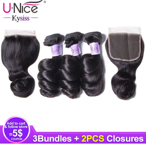 Unice Hair Kysiss Series Peruvian Virgin Hair Loose Wave 3 Bundles with 2 Closure 100% Human Hair 4*4 Free Part Closure