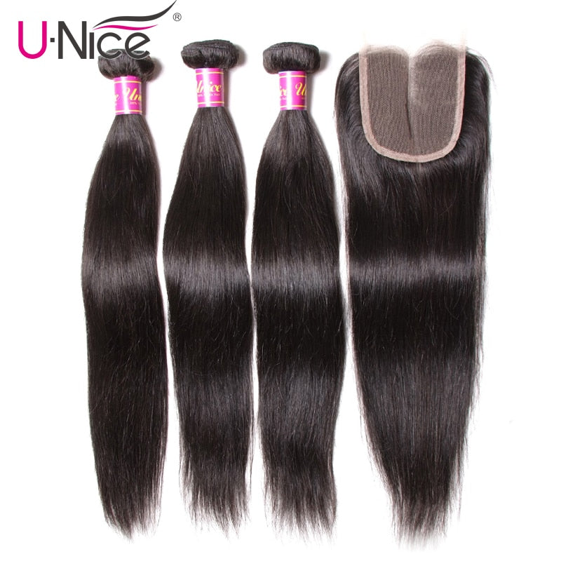 UNice Hair Icenu Remy Hair Series Lace Closure 4 PCS Peruvian Straight Hair 3 Bundles With Closure Swiss Lace Human Hair Weave