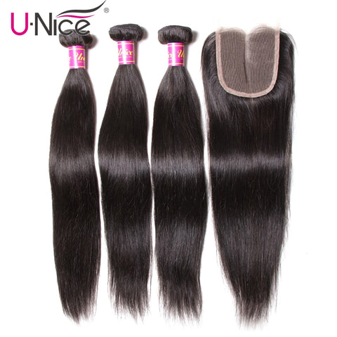 UNice Hair Icenu Remy Hair Series Lace Closure 4 PCS Peruvian Straight Hair 3 Bundles With Closure Swiss Lace Human Hair Weave