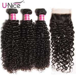 UNice Hair Virgin Curly Weave Human Hair With Closure 4PCS Brazilian Virgin Hair Weave Bundles with Closure Swiss Lace Hair