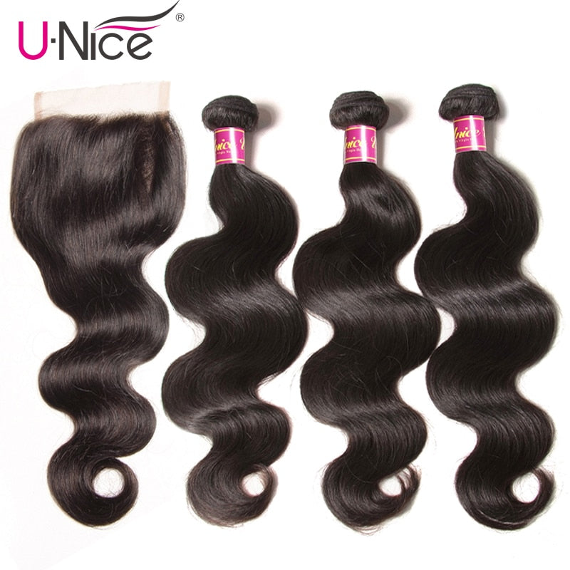 UNICE Hair Brazilian Body Wave Virgin Hair Bundles With Closure 4PCS Human Hair Bundles With Closure 8-26 "Virgin Hair Extension