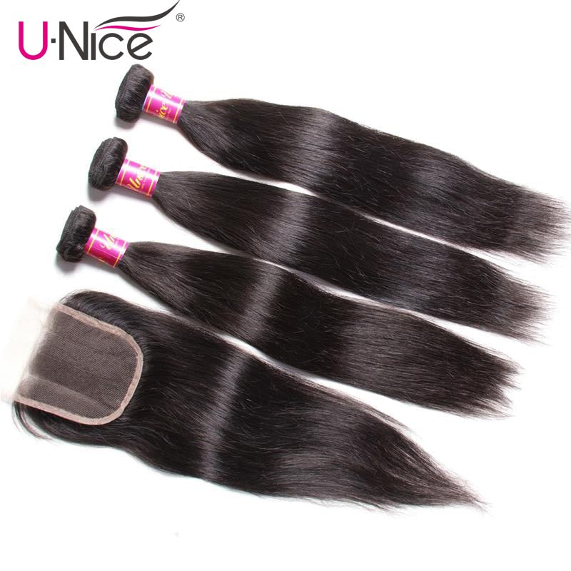 UNice Hair Icenu Series Malaysian Straight Hair Bundles with Closure 8-30" Remy Human Hair Extension Bundles With Closure 4PCS