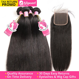 AliPearl Hair 100% Human Hair Bundles With Closure Brazilian Straight Hair Weave 3 Bundles Natural Black Remy Hair Extensions