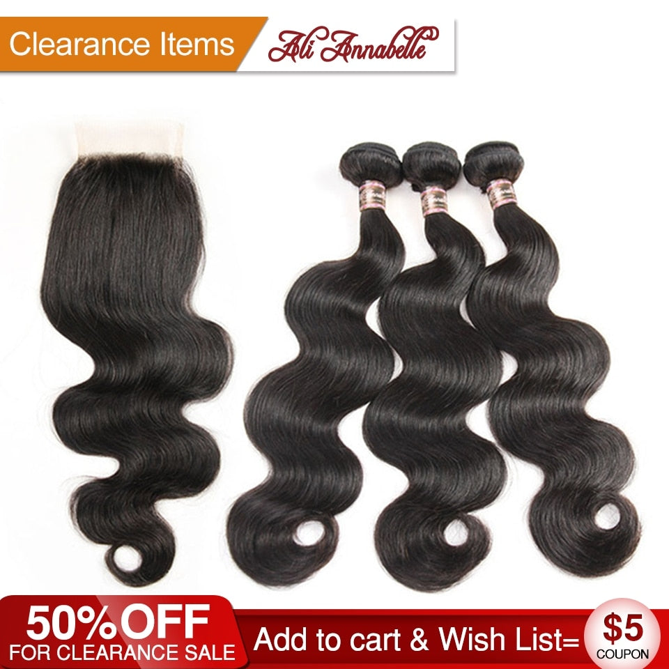 ALI ANNABELLE HAIR Brazilian Body Wave Virgin Human Hair Bundles With Closure Brazilian Human Hair Weave Bundles with Closure